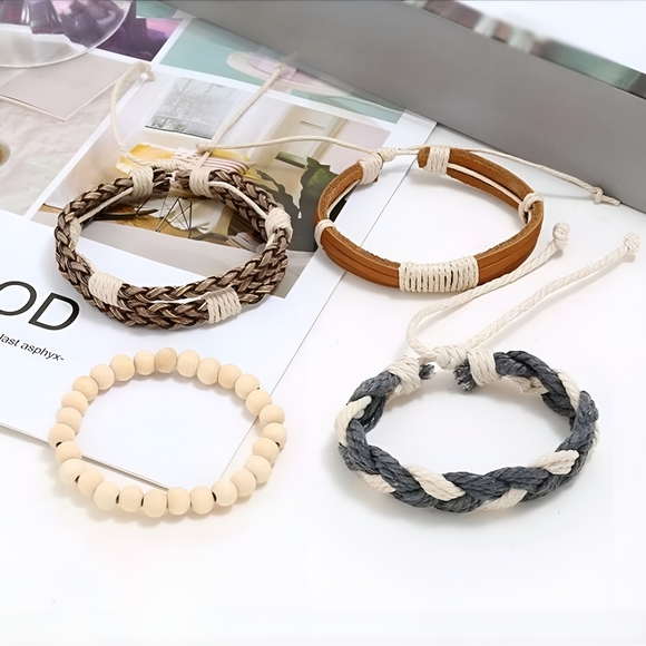 4 Piece Boho Braided Leather Beaded Bracelets - Picture 2 of 5
